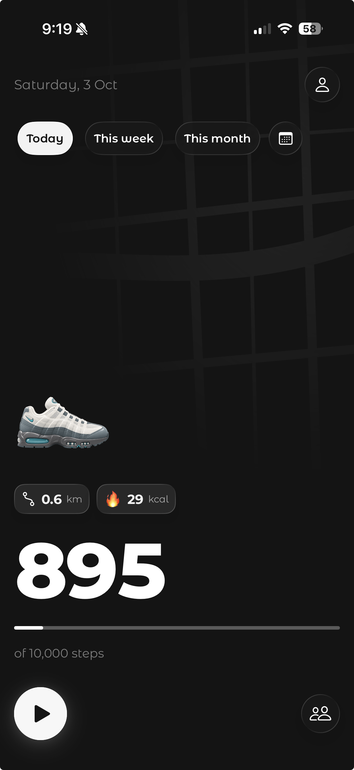 Stride home dashboard showing today’s steps, distance, calories, and the selected shoe